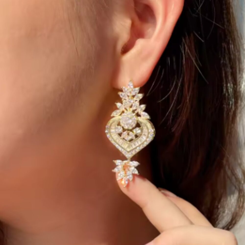 Platinum Plated Flower Pendant Drop Earrings With Shining CZ - Picture 6 of 6